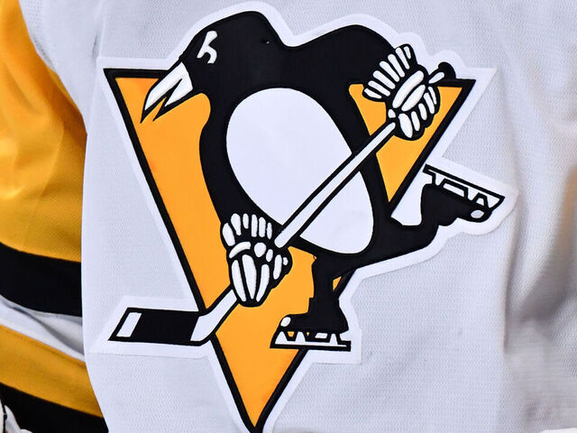 MONTREAL, CANADA - OCTOBER 17: A detailed view of the Pittsburgh Penguins logo during the second period against the Montreal Canadiens at Centre Bell on October 17, 2022 in Montreal, Quebec, Canada. The Montreal Canadiens defeated the Pittsburgh Penguins 3-2 in overtime.