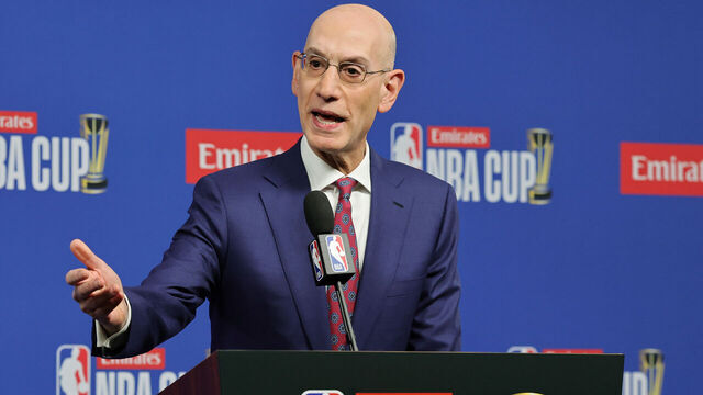 LAS VEGAS, NEVADA - DECEMBER 16: NBA Commissioner Adam Silver speaks during a news conference before the championship game of the Emirates NBA Cup between the San Antonio Spurs and the New York Knicks at T-Mobile Arena on December 16, 2025 in Las Vegas, Nevada.