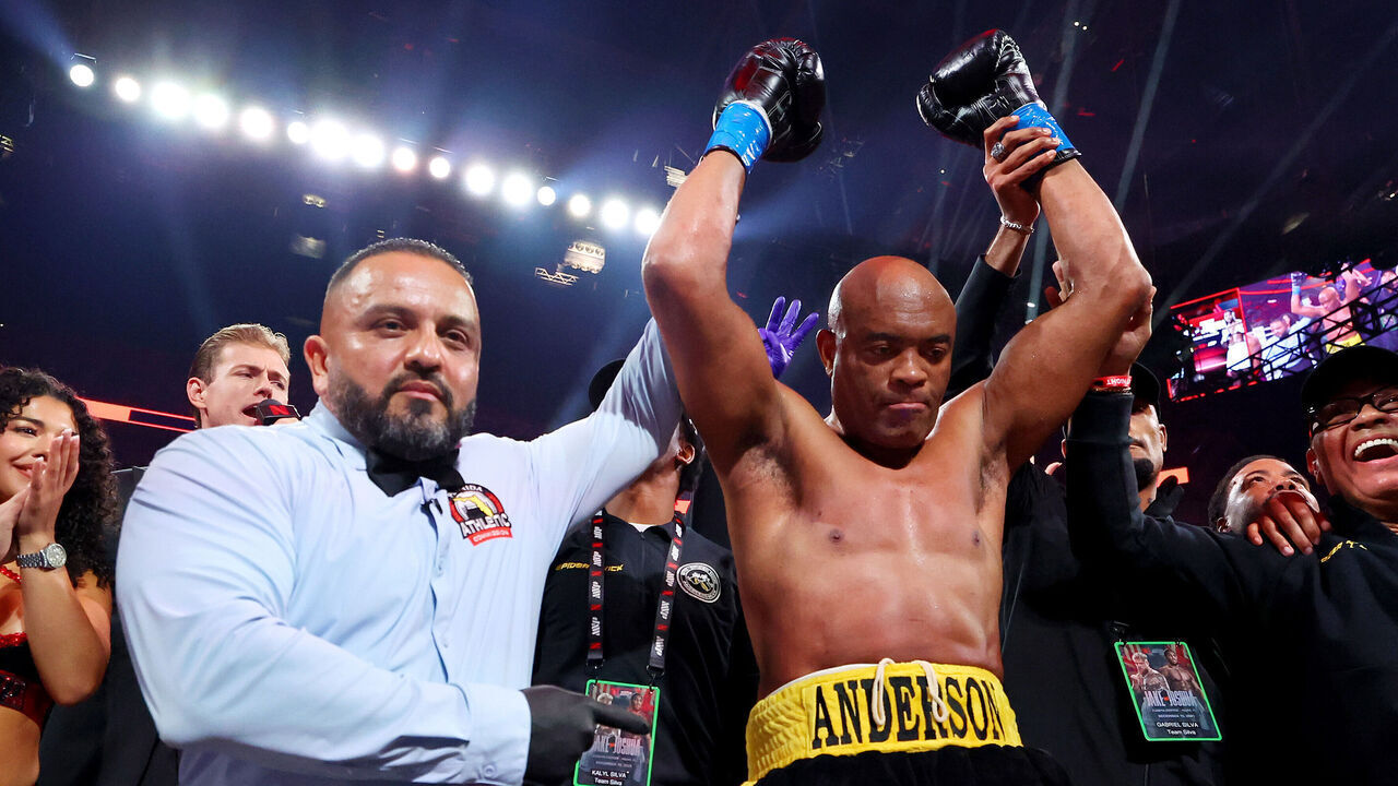 MIAMI, FLORIDA - DECEMBER 19: Anderson Silva celebrates victory over Tyron Woodley in their cruiserweight bout during Jake Paul v Anthony Joshua at Kaseya Center on December 19, 2025 in Miami, Florida.