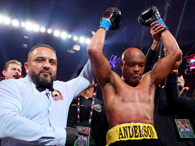 MIAMI, FLORIDA - DECEMBER 19: Anderson Silva celebrates victory over Tyron Woodley in their cruiserweight bout during Jake Paul v Anthony Joshua at Kaseya Center on December 19, 2025 in Miami, Florida.