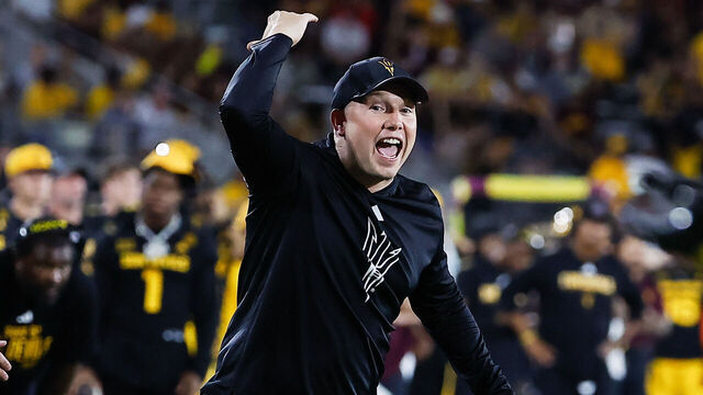 TEMPE, AZ - OCTOBER 25: Arizona State Sun Devils head coach Kenny Dillingham yells to the referee during the college football game between the Houston Cougars and the Arizona State Sun Devils on October 25, 2025 at Mountain America Stadium in Tempe, Arizona.