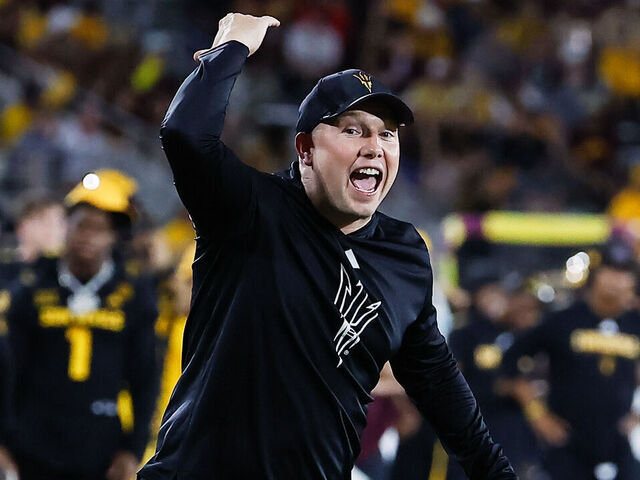 TEMPE, AZ - OCTOBER 25: Arizona State Sun Devils head coach Kenny Dillingham yells to the referee during the college football game between the Houston Cougars and the Arizona State Sun Devils on October 25, 2025 at Mountain America Stadium in Tempe, Arizona.