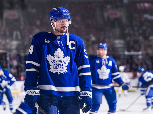 TORONTO, CANADA - DECEMBER 13: Auston Matthews #34 of the Toronto Maple Leafs warms-up before facing the Edmonton Oilers at the Scotiabank Arena on December 13, 2025 in Toronto, Ontario, Canada.