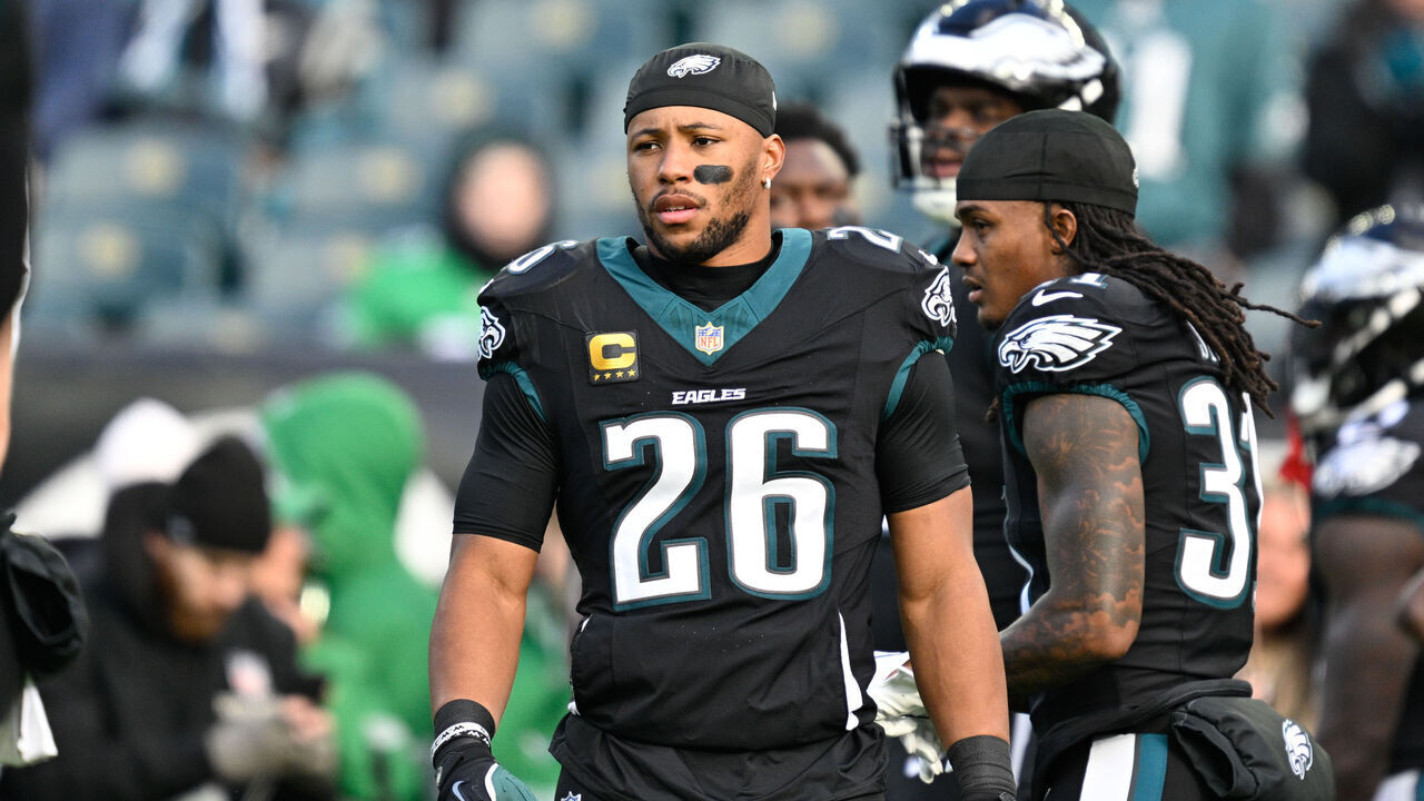 PHILADELPHIA, PA - NOVEMBER 28: Philadelphia Eagles running back Saquon Barkley #26 looks on during the game between the Chicago Bears and the Philadelphia Eagles on November 28th, 2025 at Lincoln Financial Field in Philadelphia, PA.