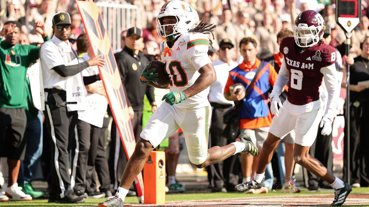 COLLEGE STATION, TEXAS - DECEMBER 20: Malachi Toney #10 of the Miami Hurricanes runs with the ball in the fourth quarter against the Texas A&M Aggies during the 2025 College Football Playoff First Round Game at Kyle Field on December 20, 2025 in College Station, Texas.