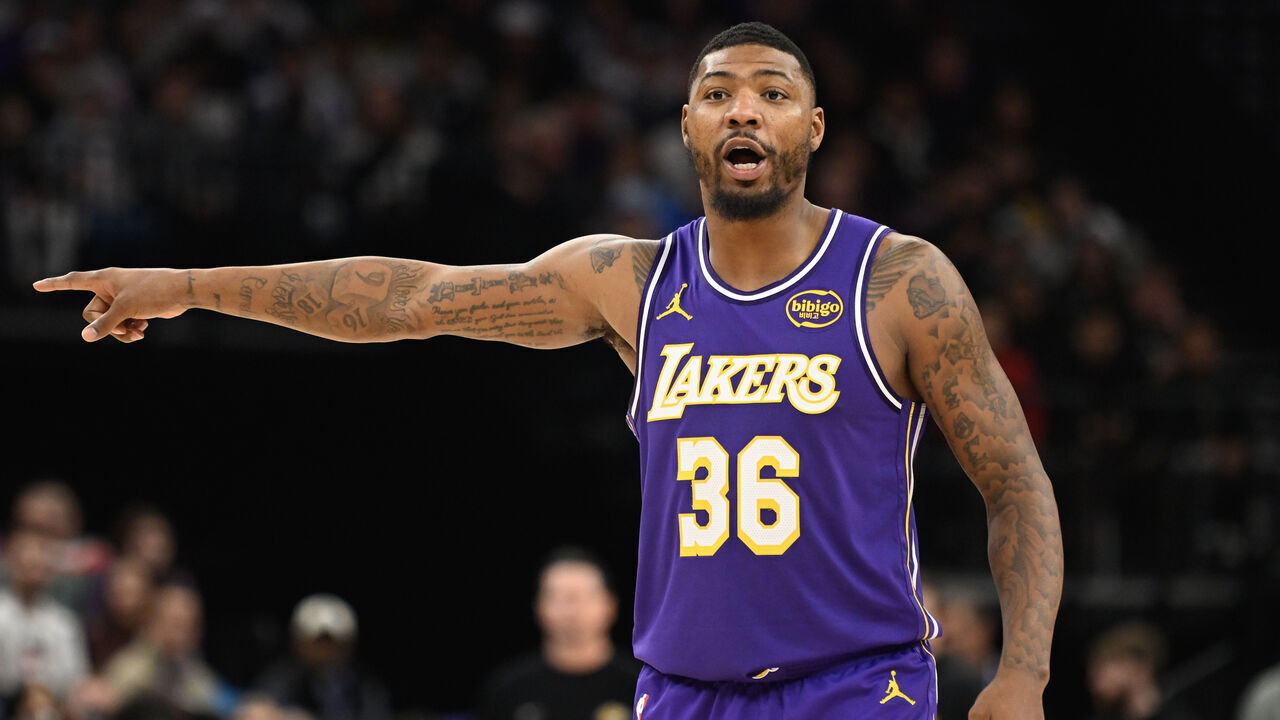 SALT LAKE CITY, UTAH - DECEMBER 18: Marcus Smart #36 of the Los Angeles Lakers looks on during the second half of a game against the Utah Jazz at Delta Center on December 18, 2025 in Salt Lake City, Utah.