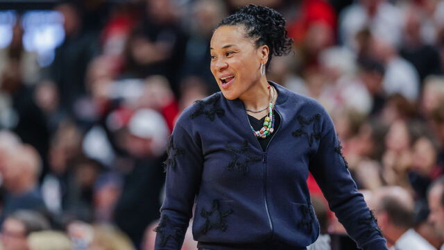 LOUISVILLE, KENTUCKY - DECEMBER 4: Head coach Dawn Staley of the South Carolina Gamecocks coaches along the sidelines during the game against the Louisville Cardinals at KFC YUM! Center on December 4, 2025 in Louisville, Kentucky.