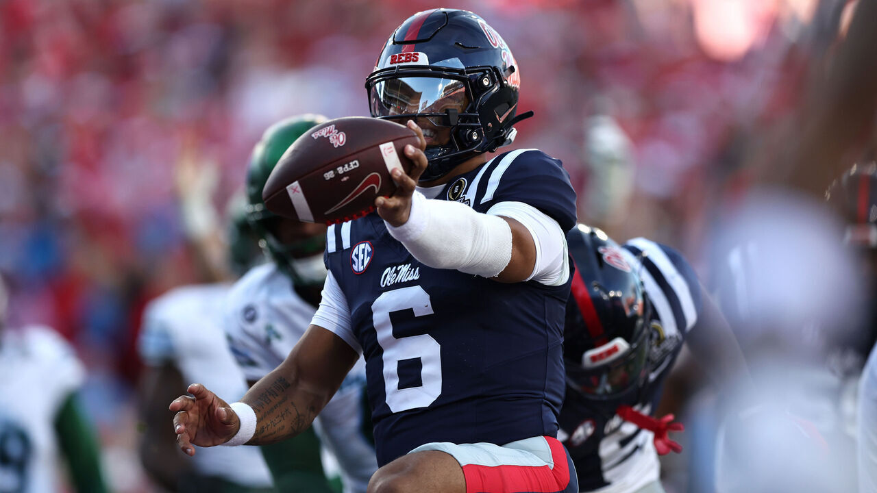 OXFORD, MISSISSIPPI - DECEMBER 20: Trinidad Chambliss #6 of the Ole Miss Rebels rushes into the end zone for a touchdown during the first quarter of the 2025 College Football Playoff First Round Game against the Tulane Green Wave at Vaught-Hemingway Stadium on December 20, 2025 in Oxford, Mississippi.