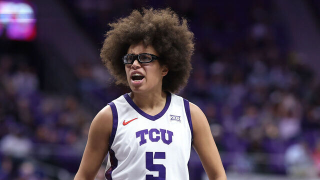 FORT WORTH, TEXAS - DECEMBER 20: Olivia Miles #5 of the TCU Horned Frogs reacts after scoring during the third quarter against the Kansas State Wildcats at Schollmaier Arena on December 20, 2025 in Fort Worth, Texas.