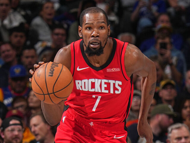 DENVER, CO - DECEMBER 20: Kevin Durant #7 of the Houston Rockets dribbles the ball during the game against the Denver Nuggets on December 20, 2025 at Ball Arena in Denver, Colorado. NOTE TO USER: User expressly acknowledges and agrees that, by downloading and/or using this Photograph, user is consenting to the terms and conditions of the Getty Images License Agreement. Mandatory Copyright Notice: Copyright 2025 NBAE
