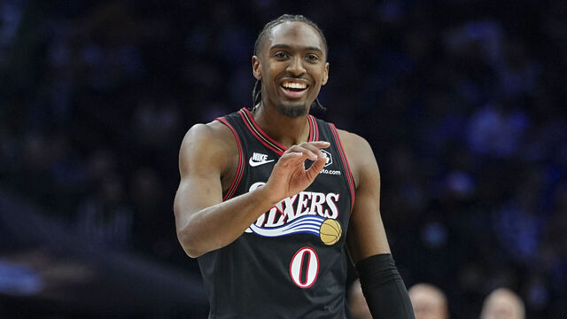PHILADELPHIA, PENNSYLVANIA - DECEMBER 20: Tyrese Maxey #0 of the Philadelphia 76ers reacts against the Dallas Mavericks in the first half at Xfinity Mobile Arena on December 20, 2025 in Philadelphia, Pennsylvania.