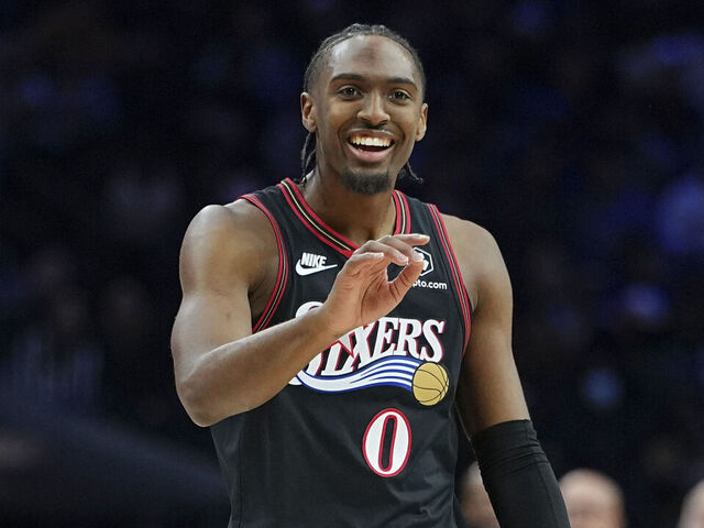 PHILADELPHIA, PENNSYLVANIA - DECEMBER 20: Tyrese Maxey #0 of the Philadelphia 76ers reacts against the Dallas Mavericks in the first half at Xfinity Mobile Arena on December 20, 2025 in Philadelphia, Pennsylvania.