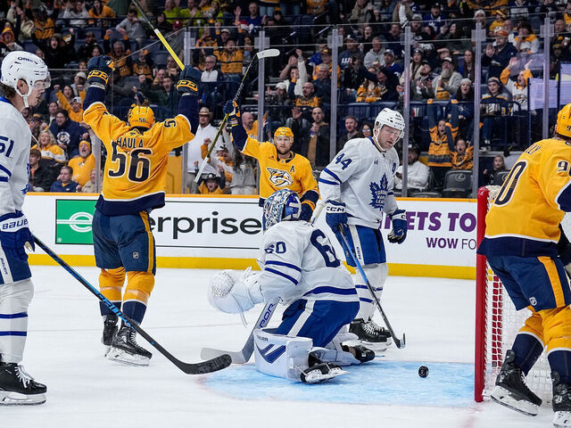NASHVILLE, TENNESSEE - DECEMBER 20: Erik Haula #56 of the Nashville Predators celebrates his goal against Joseph Woll #60 of the Toronto Maple Leafs during an NHL game at Bridgestone Arena on December 20, 2025 in Nashville, Tennessee.