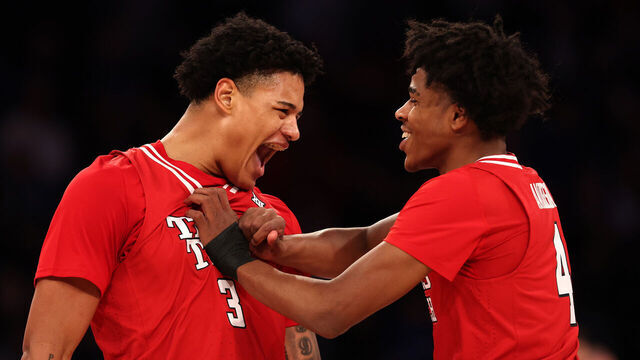 NEW YORK, NEW YORK - DECEMBER 20: Lejuan Watts #3 and Christian Anderson #4 of the Texas Tech Red Raiders react during the first half of the SentinelOne Showdown against the Duke Blue Devils at Madison Square Garden on December 20, 2025 in New York City.
