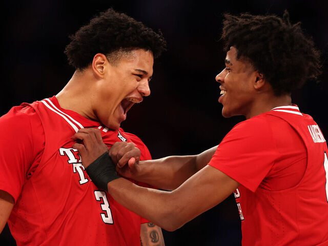 NEW YORK, NEW YORK - DECEMBER 20: Lejuan Watts #3 and Christian Anderson #4 of the Texas Tech Red Raiders react during the first half of the SentinelOne Showdown against the Duke Blue Devils at Madison Square Garden on December 20, 2025 in New York City.