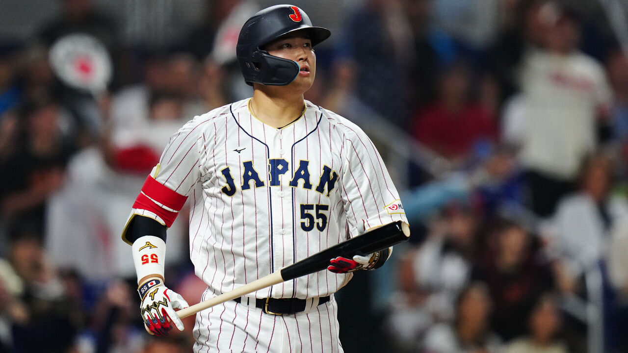 MIAMI, FL - MARCH 21: Munetaka Murakami #55 of Team Japan hits a home run in the second inning during the 2023 World Baseball Classic Championship game between Team USA and Team Japan at loanDepot Park on Tuesday, March 21, 2023 in Miami, Florida.