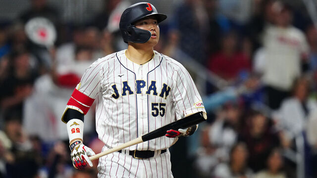MIAMI, FL - MARCH 21: Munetaka Murakami #55 of Team Japan hits a home run in the second inning during the 2023 World Baseball Classic Championship game between Team USA and Team Japan at loanDepot Park on Tuesday, March 21, 2023 in Miami, Florida.