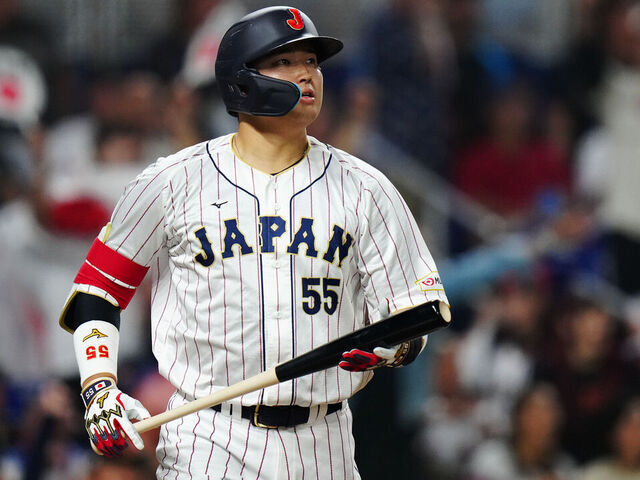 MIAMI, FL - MARCH 21: Munetaka Murakami #55 of Team Japan hits a home run in the second inning during the 2023 World Baseball Classic Championship game between Team USA and Team Japan at loanDepot Park on Tuesday, March 21, 2023 in Miami, Florida.