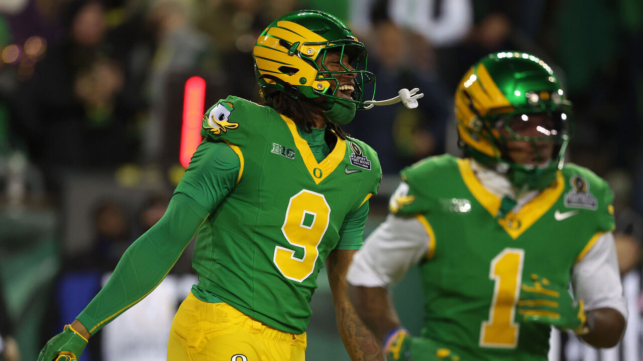 EUGENE, OREGON - DECEMBER 20: Jamari Johnson #9 of the Oregon Ducks reacts during the first quarter against the James Madison Dukes during the 2025 College Football Playoff First Round Game at Autzen Stadium on December 20, 2025 in Eugene, Oregon.