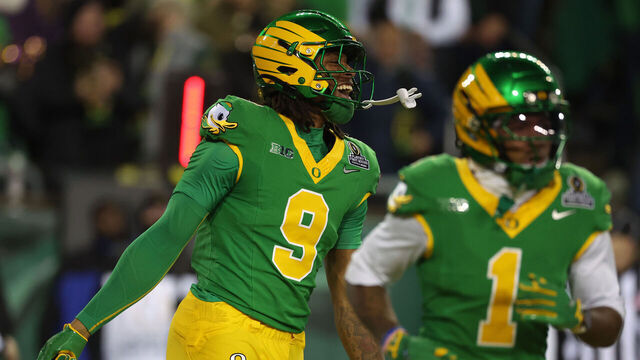 EUGENE, OREGON - DECEMBER 20: Jamari Johnson #9 of the Oregon Ducks reacts during the first quarter against the James Madison Dukes during the 2025 College Football Playoff First Round Game at Autzen Stadium on December 20, 2025 in Eugene, Oregon.