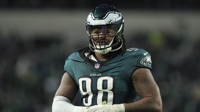 PHILADELPHIA, PENNSYLVANIA - NOVEMBER 16: Jalen Carter #98 of the Philadelphia Eagles looks on against the Detroit Lions at Lincoln Financial Field on November 16, 2025 in Philadelphia, United States.