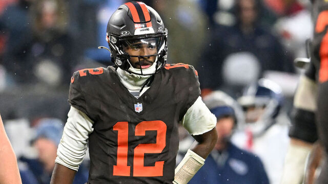 CLEVELAND, OHIO - DECEMBER 07: Shedeur Sanders #12 of the Cleveland Browns looks on during the fourth quarter against the Tennessee Titans at Huntington Bank Field on December 07, 2025 in Cleveland, Ohio.