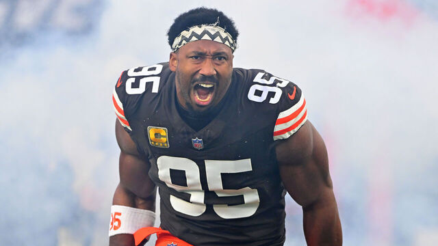 CLEVELAND, OHIO - NOVEMBER 16: Defensive end Myles Garrett #95 of the Cleveland Browns celebrates during player introductions before the NFL 2025 game against the Baltimore Ravens at Huntington Bank Field on November 16, 2025, in Cleveland, Ohio. The Ravens defeated the Browns 23-16.