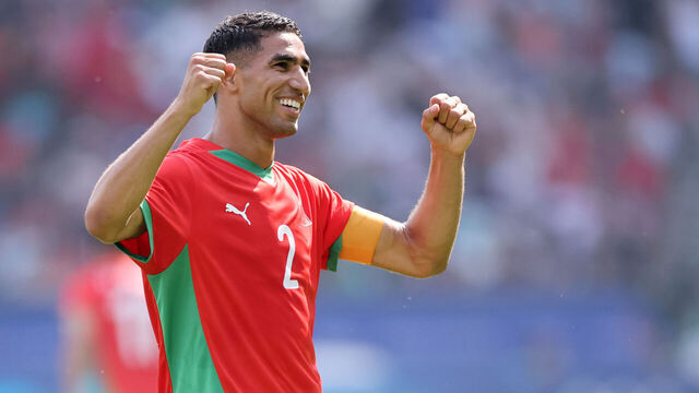 PARIS, FRANCE - AUGUST 02: Ashraf Hakimi of Morocco celebrates the team's third goal during the Men's Quarter Final match between Morocco and United States during the Olympic Games Paris 2024 at Parc des Princes on August 02, 2024 in Paris, France.