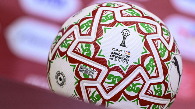 The official ball is pictured during a press conference at Prince Moulay Abdellah Stadium in Rabat, Morocco on December 20, 2025, ahead of the start of the Africa Cup of Nations (CAN) football tournament. Morooco take on Comoros in the opening game on December 21.