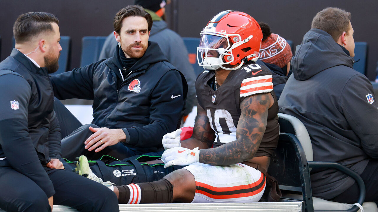 CLEVELAND, OH - DECEMBER 21: Cleveland Browns running back Quinshon Judkins (10) leaves the filed on a cart after injuring his leg during the second quarter of the National Football League game between the Buffalo Bills and Cleveland Browns on December 21, 2025, at Huntington Bank Field in Cleveland, OH.