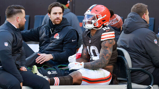 CLEVELAND, OH - DECEMBER 21: Cleveland Browns running back Quinshon Judkins (10) leaves the filed on a cart after injuring his leg during the second quarter of the National Football League game between the Buffalo Bills and Cleveland Browns on December 21, 2025, at Huntington Bank Field in Cleveland, OH.