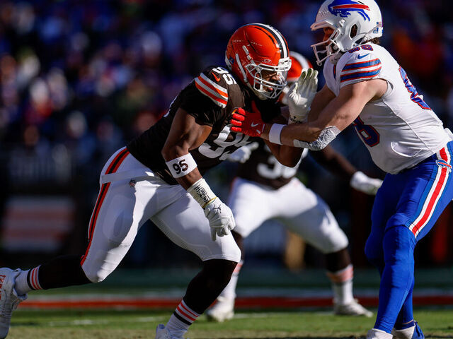 CLEVELAND, OHIO - DECEMBER 21: Myles Garrett #95 of the Cleveland Browns rushes during the second quarter of the game against the Buffalo Bills at Huntington Bank Field on December 21, 2025 in Cleveland, Ohio.