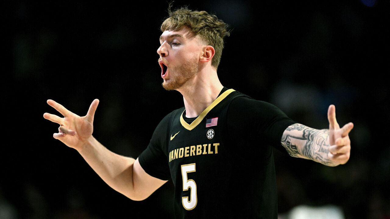 WINSTON SALEM, NORTH CAROLINA - DECEMBER 21: Tyler Nickel #5 of the Vanderbilt Commodores reacts after a three-point basket against the Wake Forest Demon Deacons during the first half of the game at Lawrence Joel Veterans Memorial Coliseum on December 21, 2025 in Winston Salem, North Carolina.