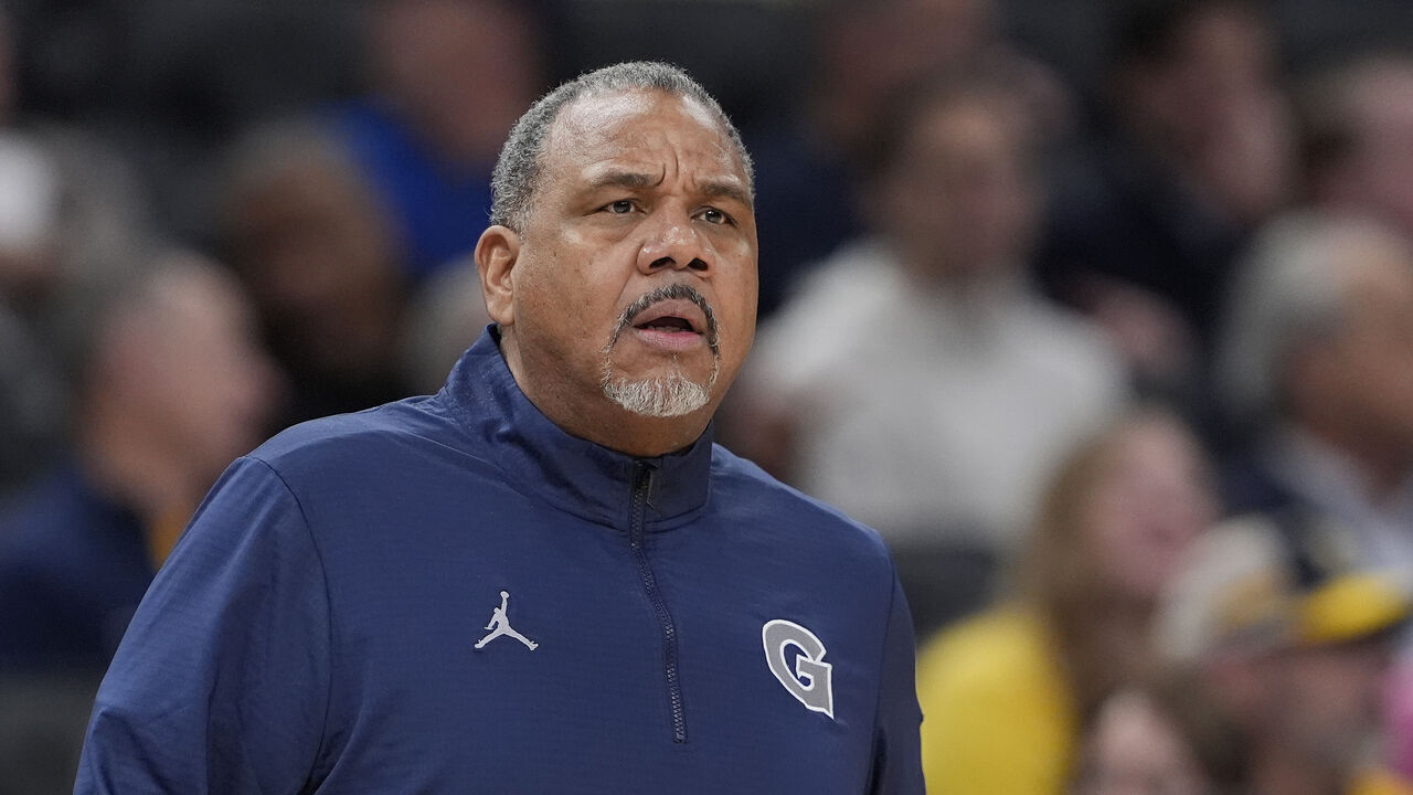 MILWAUKEE, WISCONSIN - DECEMBER 17: Head coach Ed Cooley of the Georgetown Hoyas reacts against the Marquette Golden Eagles during the first half at Fiserv Forum on December 17, 2025 in Milwaukee, Wisconsin.