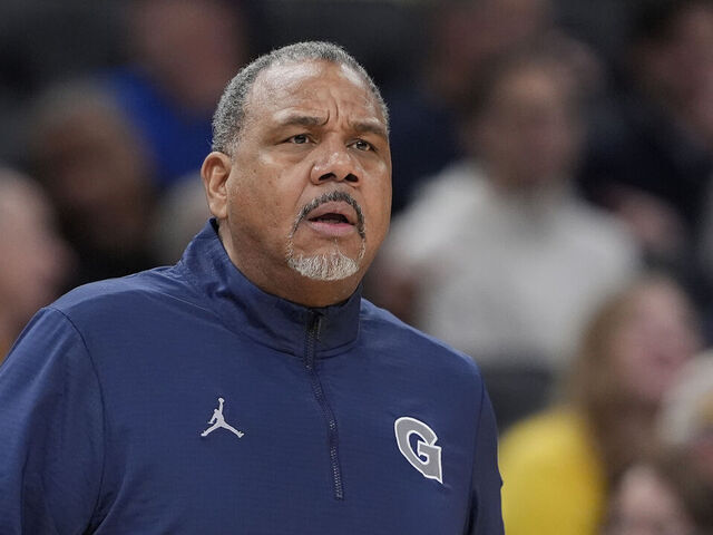 MILWAUKEE, WISCONSIN - DECEMBER 17: Head coach Ed Cooley of the Georgetown Hoyas reacts against the Marquette Golden Eagles during the first half at Fiserv Forum on December 17, 2025 in Milwaukee, Wisconsin.