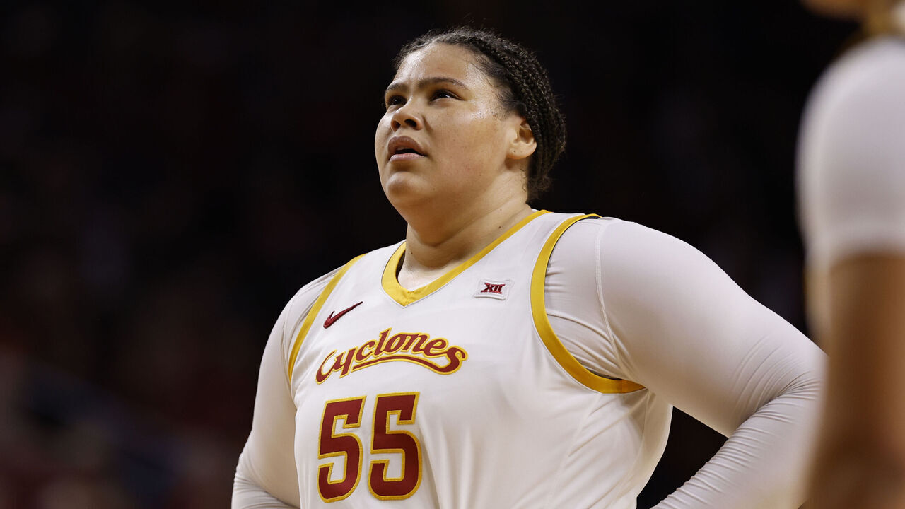 AMES, IA - DECEMBER 10: Center Audi Crooks #55 of the Iowa State Cyclones looks to the game clock in the first half of play at Hilton Coliseum on December 10, 2025, in Ames, Iowa. The Iowa State Cyclones won 74-69 over the Iowa Hawkeyes.