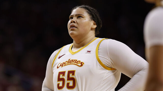 AMES, IA - DECEMBER 10: Center Audi Crooks #55 of the Iowa State Cyclones looks to the game clock in the first half of play at Hilton Coliseum on December 10, 2025, in Ames, Iowa. The Iowa State Cyclones won 74-69 over the Iowa Hawkeyes.