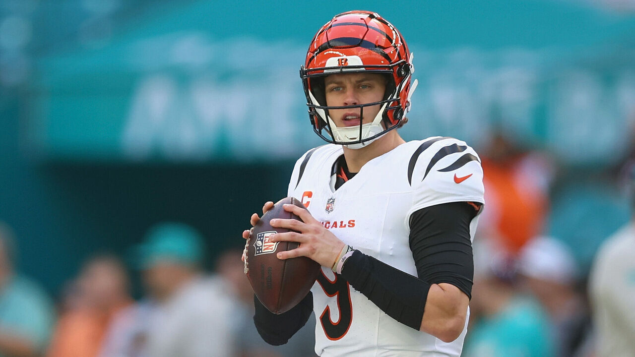 MIAMI GARDENS, FLORIDA - DECEMBER 21: Joe Burrow #9 of the Cincinnati Bengals warms up prior to a game against the Miami Dolphins at Hard Rock Stadium on December 21, 2025 in Miami Gardens, Florida.