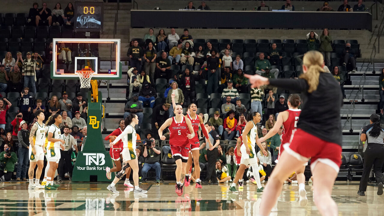 WACO, TEXAS - DECEMBER 21: Texas Tech Lady Raiders react after an upset victory over the Baylor Bears at Foster Pavilion on December 21, 2025 in Waco, Texas.
