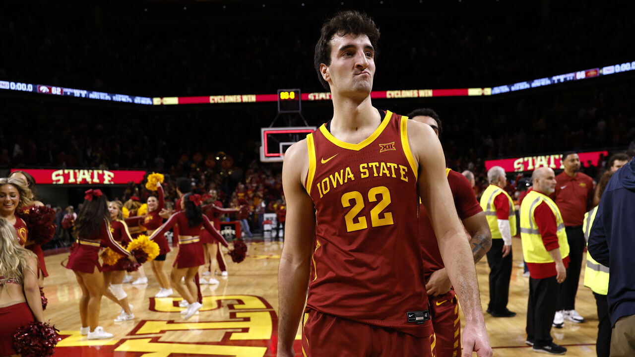 AMES, IA - DECEMBER 11: forward Milan Momcilovic #22 of the Iowa State Cyclones leaves the court after winning 66-62 over the Iowa Hawkeyes at Hilton Coliseum on December 11, 2025, in Ames, Iowa. The Iowa State Cyclones won 66-62 over the Iowa Hawkeyes.