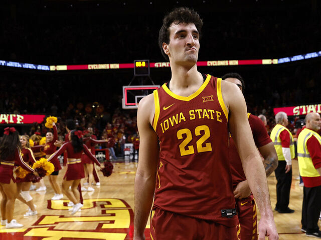 AMES, IA - DECEMBER 11: forward Milan Momcilovic #22 of the Iowa State Cyclones leaves the court after winning 66-62 over the Iowa Hawkeyes at Hilton Coliseum on December 11, 2025, in Ames, Iowa. The Iowa State Cyclones won 66-62 over the Iowa Hawkeyes.