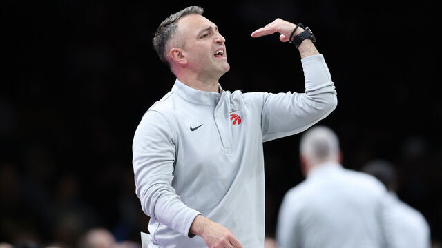 NEW YORK, NEW YORK - DECEMBER 21: Toronto Raptors head coach Darko Rajakovic gestures during the second quarter against the Brooklyn Nets at Barclays Center on December 21, 2025 in the Brooklyn borough of New York City.