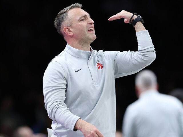 NEW YORK, NEW YORK - DECEMBER 21: Toronto Raptors head coach Darko Rajakovic gestures during the second quarter against the Brooklyn Nets at Barclays Center on December 21, 2025 in the Brooklyn borough of New York City.