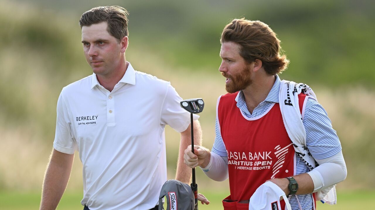 BEL OMBRE, MAURITIUS - DECEMBER 20: Ryan Gerard of USA and his caddie on day three of the AfrAsia Bank Mauritius Open 2026 at Heritage La Reserve Golf Club on December 20, 2025 in Bel Ombre, Mauritius.