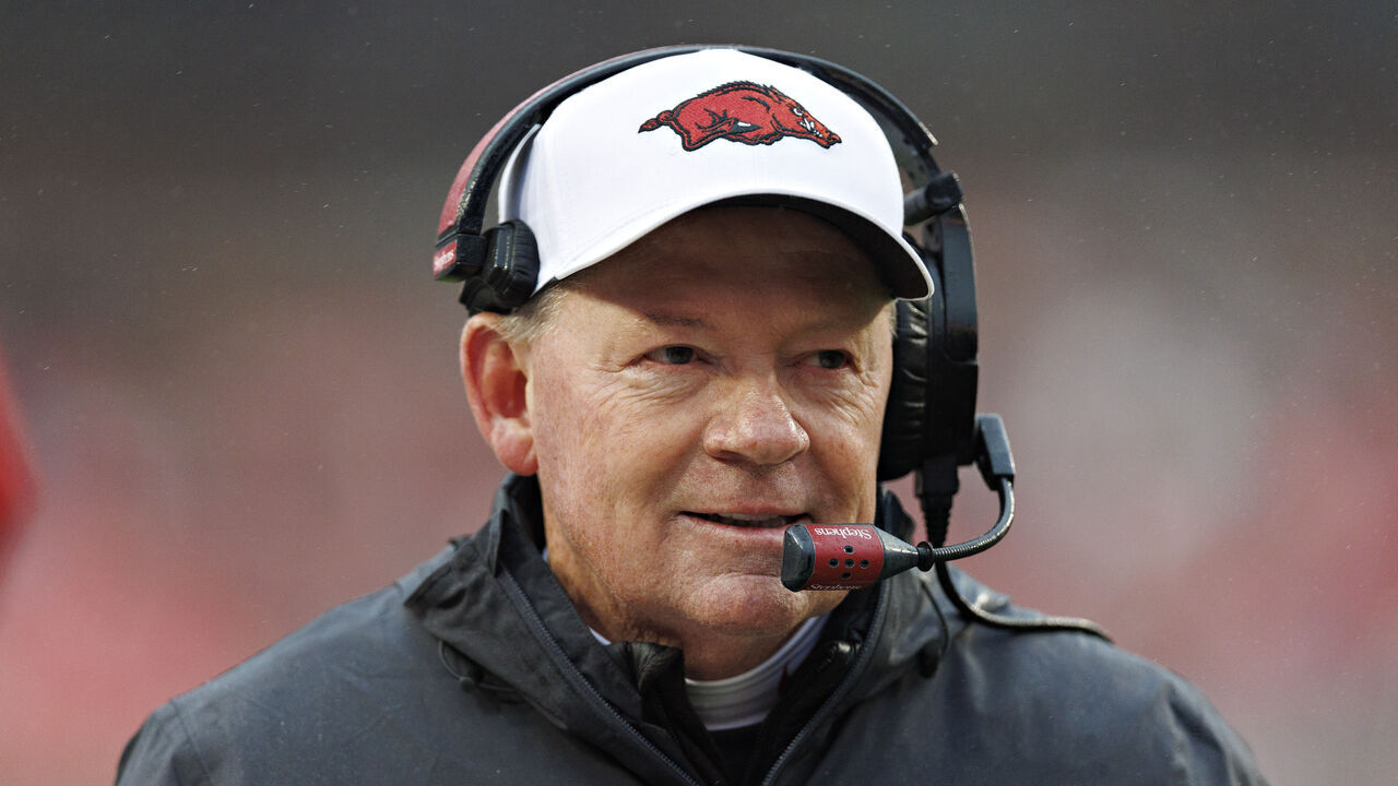 FAYETTEVILLE, ARKANSAS - NOVEMBER 29: Interim Head Coach Bobby Petrino of the Arkansas Razorbacks on the sidelines during a game against the Missouri Tigers at Donald W. Reynolds Razorback Stadium on November 29, 2025 in Fayetteville, Arkansas. The Tigers defeated the Razorbacks 31-17.