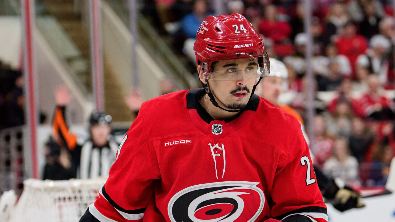 RALEIGH, NORTH CAROLINA - DECEMBER 14: Seth Jarvis #24 of the Carolina Hurricanes looks on against the Philadelphia Flyers during their game at the Lenovo Center on December 14, 2025 in Raleigh, North Carolina.