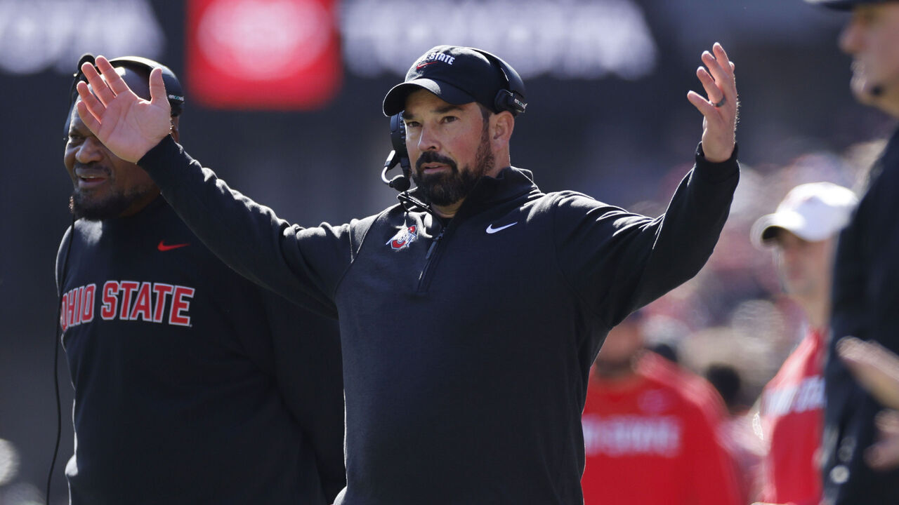 COLUMBUS, OH - NOVEMBER 01: Head coach Ryan Day of the Ohio State Buckeyes reacts during a college football game against the Penn State Nittany Lions on November 01, 2025 at Ohio Stadium in Columbus, Ohio.