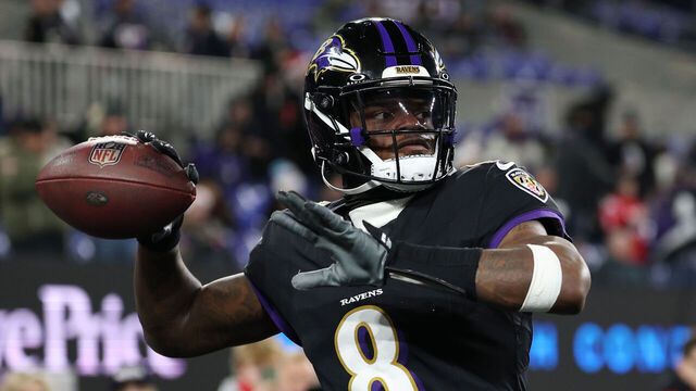 BALTIMORE, MARYLAND - DECEMBER 21: Lamar Jackson #8 of the Baltimore Ravens warms up before the game against the New England Patriots at M&T Bank Stadium on December 21, 2025 in Baltimore, Maryland.