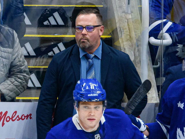 TORONTO, ON - DECEMBER 16: Toronto Maple Leafs Coach Craig Berube and the rest of the bench react during the NHL regular season game between the Chicago Blackhawks and the Toronto Maple Leafs on December 16, 2025, at Scotiabank Arena in Toronto, ON, Canada.