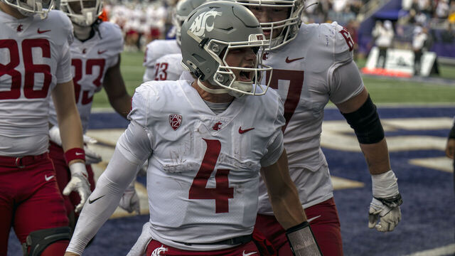 HARRISONBURG, VIRGINIA - NOVEMBER 22: Zevi Eckhaus #4 of Washington State Cougars celebrates after scoring a touchdown in the third quarter during a game against James Madison Dukes at Bridgeforth Stadium on November 22, 2025 in Harrisonburg, Virginia.